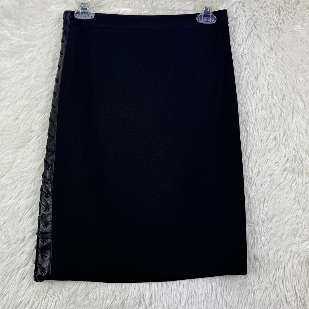 BCBG Max Azria Black Lace Up Leather Trim Pencil Skirt Size 2